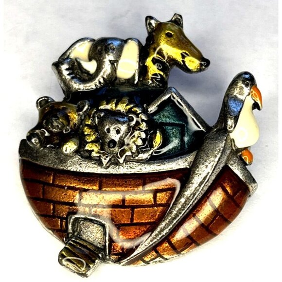 AJMC Pewter & Enamel Noah’s Ark Brooch Pin Vintage Signed - Picture 14 of 14
